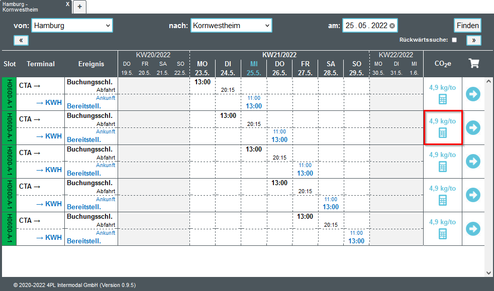 Figure 1: Timetable information with specific CO2e information